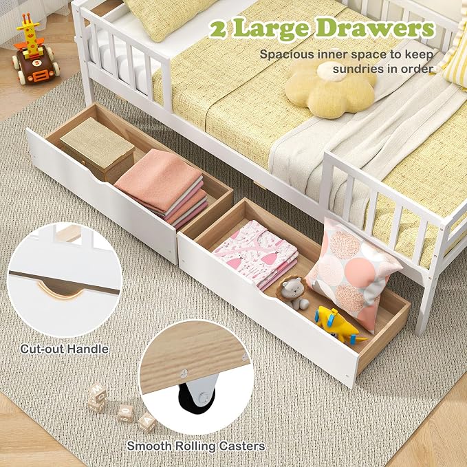 Giantex Twin Kids Bed with Storage Drawers, Wood Montessori Bed with Rails & Side Shelf, Low Daybed for Boys, Girls, No Box Spring Needed (White)