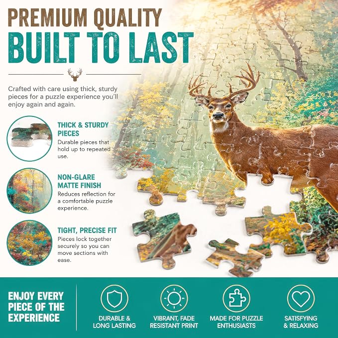 Adult Jigsaw Puzzle 1000 Piece Deer Dreams | Features a majestic whitetail buck in a fall forest scene. Great for game nights on a table, puzzleboard, or floor.