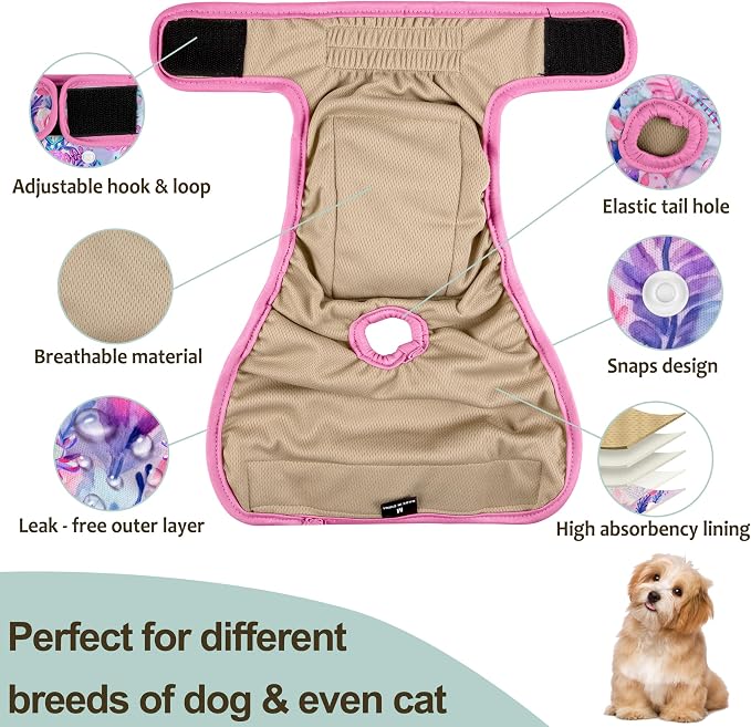 Washable Reusable Female Dog Period Diapers for Heat Doggie Puppy Diapers for Female Dogs, S