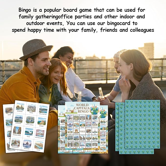 World Travel Bingo Game Cards, World Capitals Bingo Set For Adults Large Group, City Themed Fun Games, Icebreaker Games for Indoor Outdoor Activities, Travel Lover Gifts For Family Friends, 15