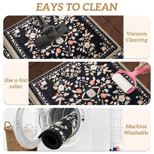RORA Stair Treads Landing Mat, 30x30 Stair Landing Rug for Indoor | Non-Slip, Washable, For Wooden Steps, Floral Design, Stair Rugs Mat for Pets, Black