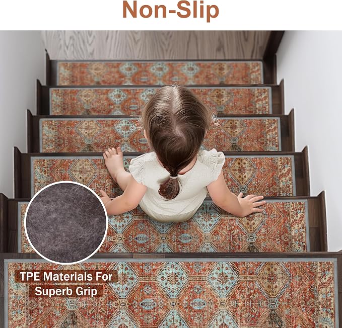 sarben 8"x30" Non Slip Stair Treads for Wooden Steps 15 Pack, Rust | Peel and Stick Carpet Stair Runner with TPE Adhesive Backing, Carpet for Added Safety, Pet and Senior Friendly