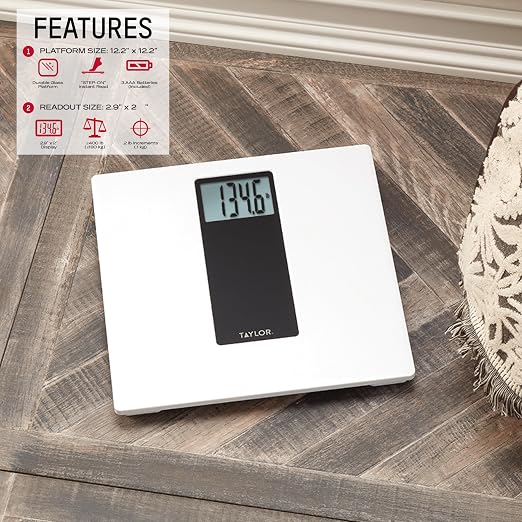 Taylor Digital Bathroom Scale for Body Weight, 400 lb Capacity, Large 12-Inch White and Black Tempered Glass Platform, Precise 0.2 lb Increments