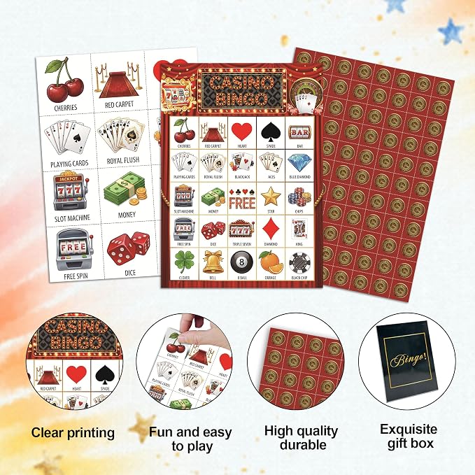 Casino Party Bingo Game Cards, Las Vega Bingo Set for Adults Large Group, Casino Themed Fun Games, Las Vega Party Activities, Icebreaker Games for Family Friends, 07