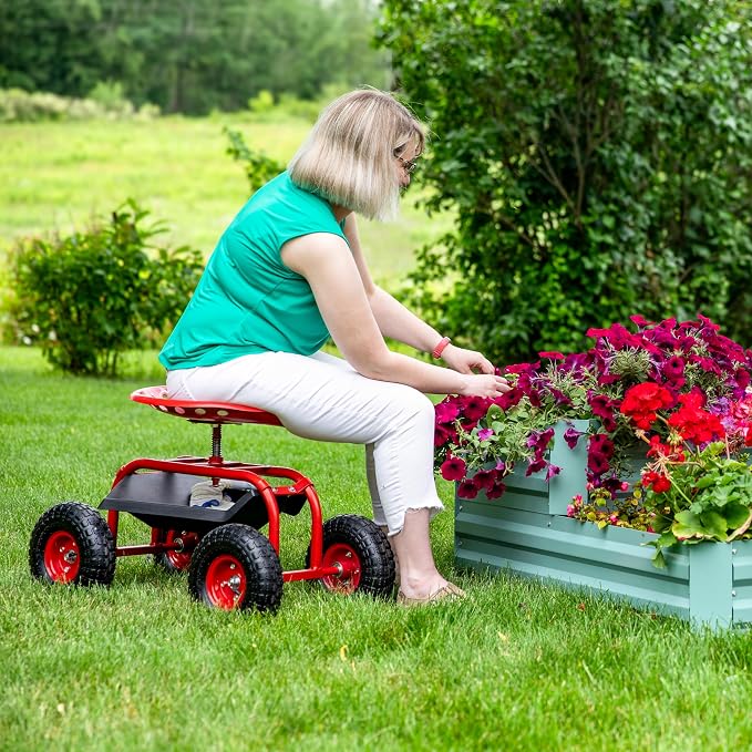 Sunnydaze Rolling Garden Cart with Swivel Seat and Storage, Red | Steel Rolling Gardening Seat with Utility Tray, and Basket for Storage, Rotating, Swiveling Motion