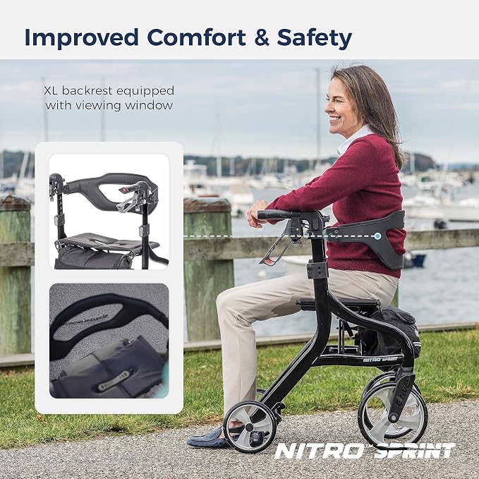 Drive Medical Nitro Sprint Rollator Walker with Seat, Petite Height, Black | Lightweight Rollator with Large Wheels Offers Short, Foldable Design for Seniors and Adults Every Day