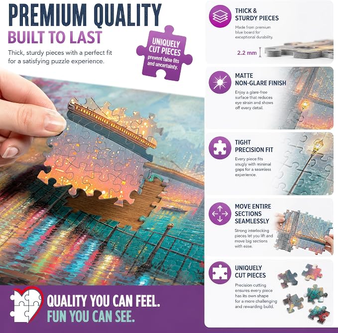 Adult Jigsaw Puzzle 1000 Piece Brooklyn Bridge | Features an artistic New York City cityscape in the rain. 20x27- Great for game nights on a table, puzzleboard, or floor.
