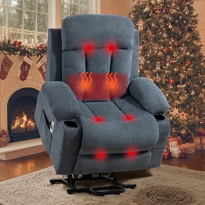 Power Lift Recliner Chair for Elderly, Electric Lift Chair with Vibration Massage and Lumbar Heat, Reclining Chair with USB Charging Port, Cup Holders, Ergonomic Sofa for Living Room, Blue