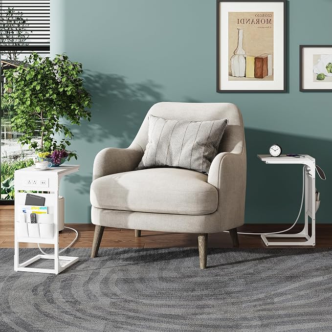 TUTOTAK C Shaped End Table with Charging Station, Side Table for Sofa | Couch Table with Storage Bag, TV Tray with 2 USB Ports and Outlets, Set of 2, Living Room and Bedroom, White TB01BW0242