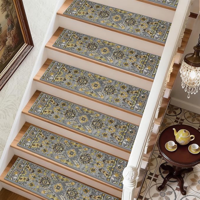 COSY HOMEER Stair Treads for Wooden Steps Non Slip Washable 8" X 30" 15pcs | Self Adhesive,Peel and Stick,Soft Carpet Stair Treads for Kids,Elder,Pet,Residue Free,Reusable Stair Runner,Multi-Surface Use