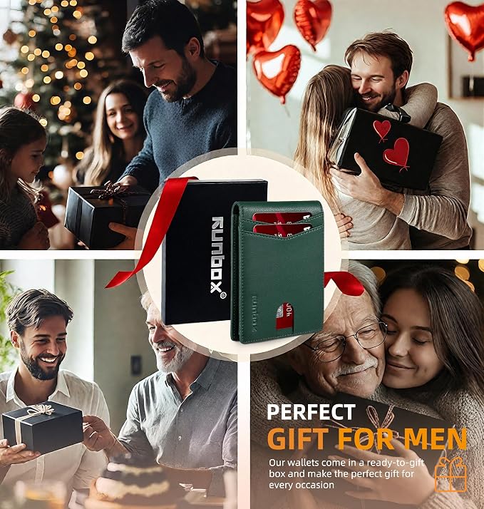 RUNBOX Wallet for Men -Slim Rfid Leather Mens Bifold Novelty Wallets 2 ID Window With Gift Box Men's Accessories | Minimalist Front Pocket Design, Holds 15 Cards, Large Capacity with Cash Pocket,Compact and Thin, Birthday Gifts for Men