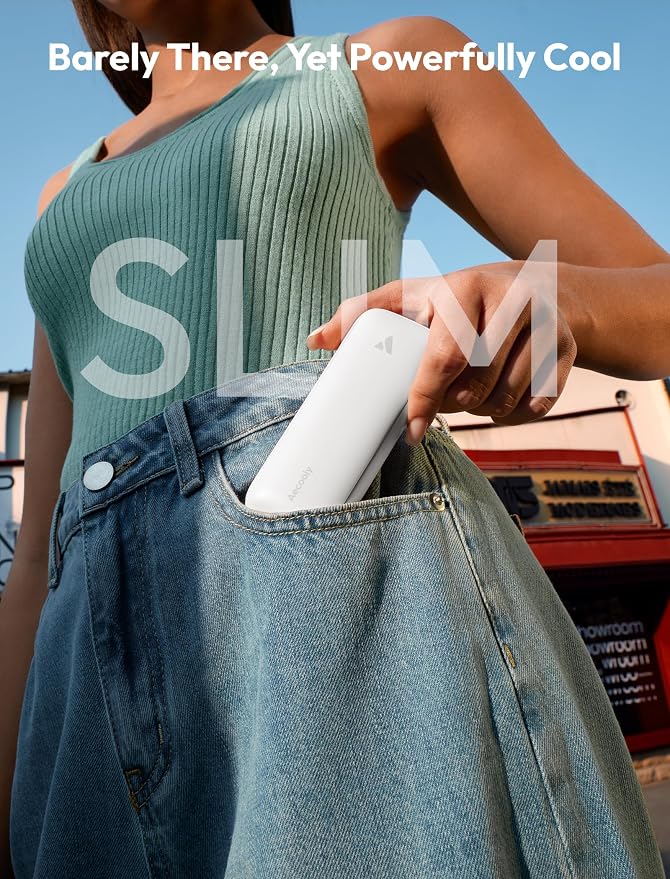 Aecooly Slim Portable Fan, Thin Handheld Fan, USB Rechargeable | Mini Personal [24H Max Cooling Time], Battery Powered Small Foldable Pocket for Travel, Summer, Gifts for Women, Girls -White
