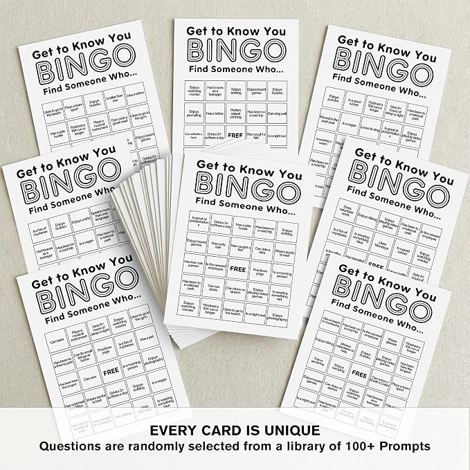 Find Someone Who Bingo Cards, 25 Unique Randomized 5x7 Sheets, Get to Know You Bingo Game for Adults, Ice Breaker Office Party Games, Team Building Games for Work, High Replay Value - B001