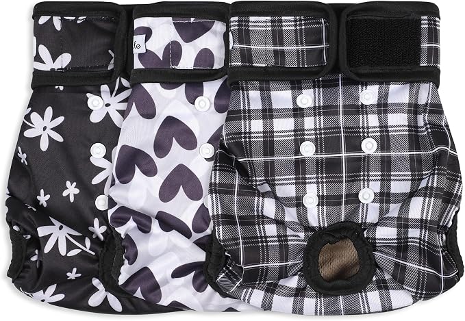 Female Dog Diapers - Premium Reusable Diapers for Doggie in Heat - Highly Absorbent for Pet Incontinence with Adjustable Snaps Black, S