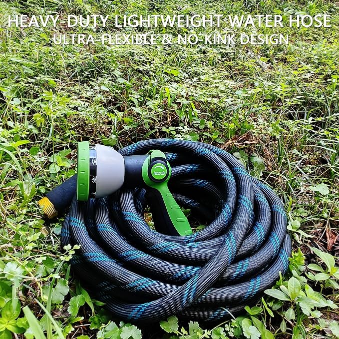 Junredy Garden Hose 50 FT, NON-EXPANDABLE Heavy-Duty Flexible & Lightweight Water Hose with 10-Function Nozzle, No-Kink, Leak-Proof Super Fabric, Solid Fittings for Lawn, Car, Outdoor (Black Blue)