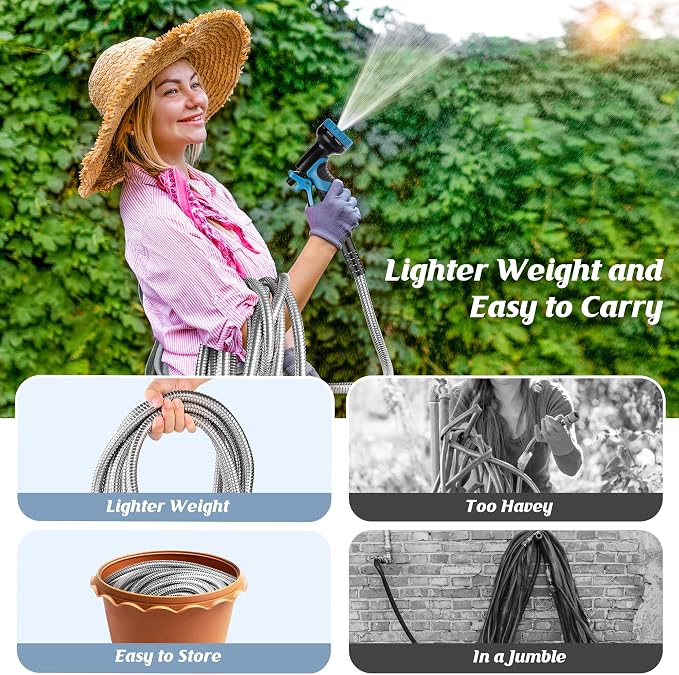 Metal Garden Hose 50FT with 10-Function Nozzle, No-Kink Water Hose | Metal Hoses with Leak-proof Connectors, Lightweight, Puncture-proof, Pet-proof, Sturdy, 550PSI, Hose for Outdoor, Yard