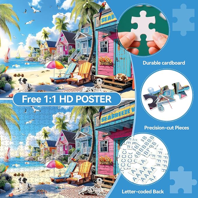 300 Piece Puzzles for Adults, 300 Piece Puzzles for Adults Large Piece, Summer Beach Dogs Trees Jigsaw Puzzle, Funny Gift for Adult Kids Senior Challenging Family Games Toy, 20.5 X 15 in