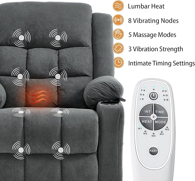 Power Lift Chair Recliners for Elderly with Heat and Massage, Recliner Chairs for Adults, Upgraded Fabric Recliner with USB & Type-C Charge Port, Cup Holders (Grey-O)