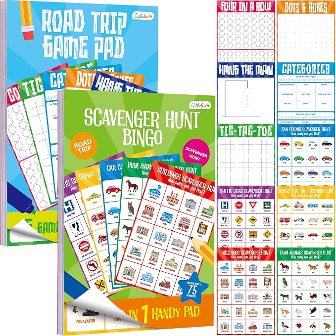 Gethelud 2 Pack Road Trip Game Pads, 10 Games (Categories, Dot & Boxes, Tic-tac-Toe, Scavenger Hunt Bingo), Pen Pencil Paper Game, Plane Trip/Car Travel/Getaway Activity Pad for Kid, Adult