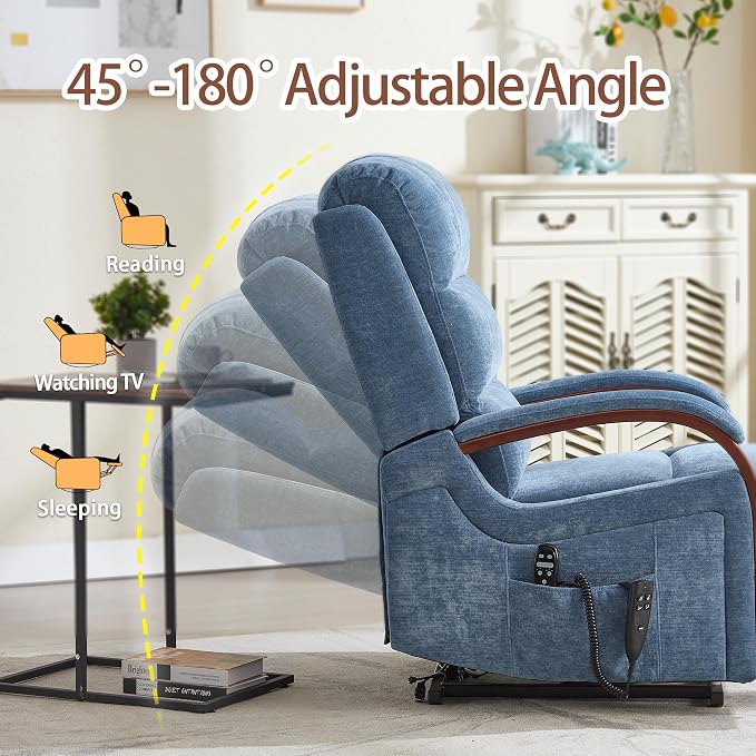 Power Lift Recliner Chair for Elderly People, Dual Motor Lift Chair with Vibration Massage and Heat, Lay Flat Recliner with Solid Wood Armrest, Standing Assistance Reclining, Chenille Fabric Blue
