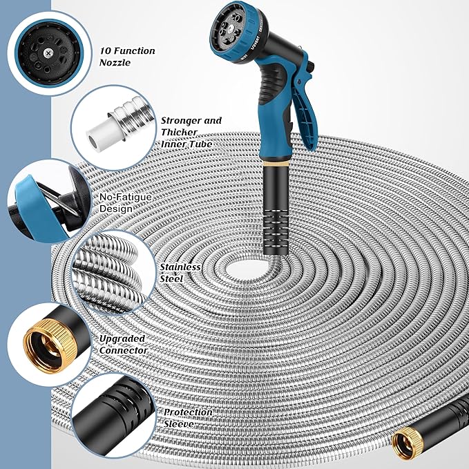 Metal Garden Hose 50FT with 10-Function Nozzle, No-Kink Water Hose | Metal Hoses with Leak-proof Connectors, Lightweight, Puncture-proof, Pet-proof, Sturdy, 550PSI, Hose for Outdoor, Yard