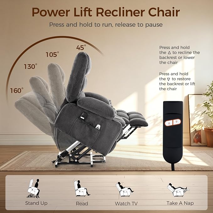 Power Lift Recliner Chair for Elderly, Electric Reclining Lift Chair with Massage and Heating, Comfy Overstuffed Recliner Single Sofa with Cup Holders, Pockets, USB Charge Port for Living Room, Grey