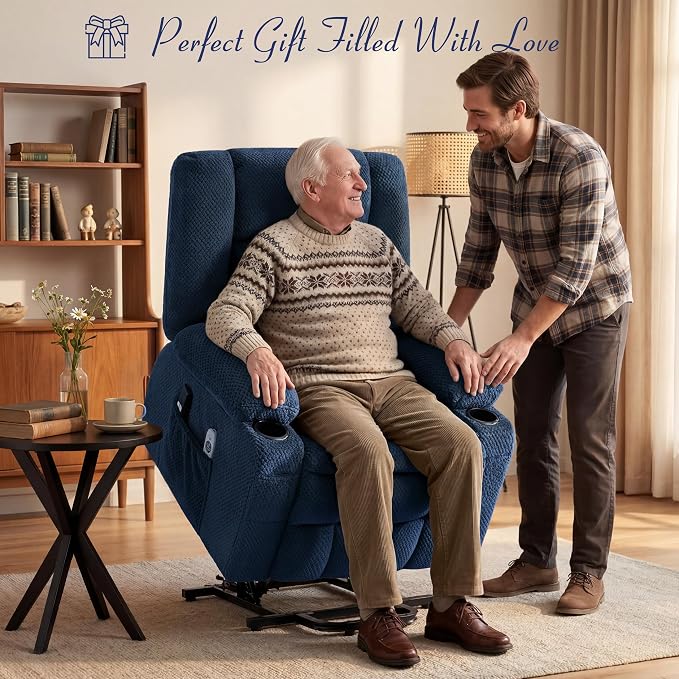 Power Lift Recliner Chair for Elderly, Electric Reclining Lift Chair with Massage and Heating, Comfy Overstuffed Recliner Single Sofa with Cup Holders,Pockets,USB Charge Port for Living Room,NavyBlue