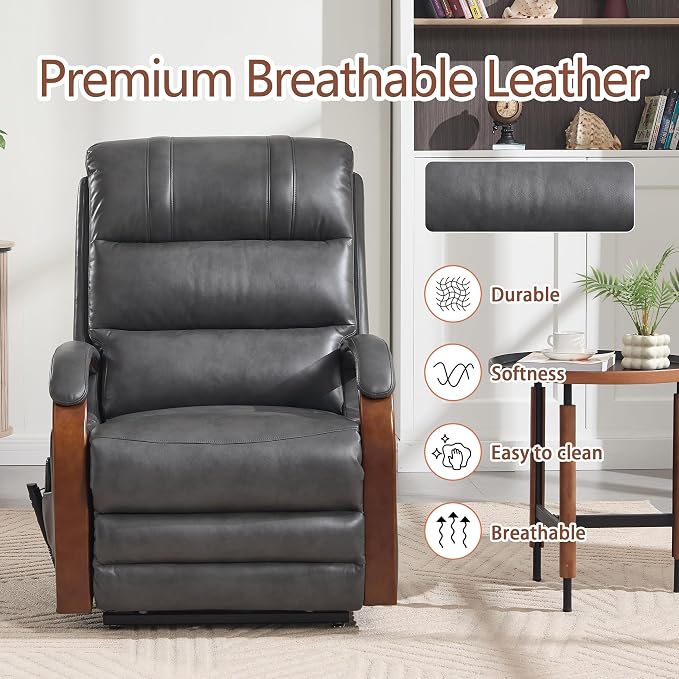 Power Lift Recliner Chair for Elderly People, Dual Motor Lift Chair with Vibration Massage and Heat, Lay Flat Recliner with Solid Wood Armrest, Standing Assistance Reclining, Faux Leather Dark Gray