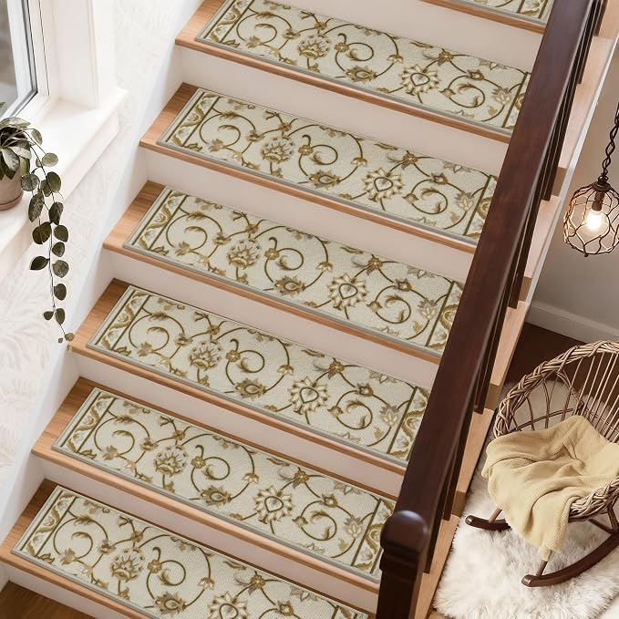 COSY HOMEER Stair Treads for Wooden Steps Non Slip Washable 8" X 30" 15pcs | Self Adhesive,Peel and Stick,Soft Carpet Stair Treads for Kids,Elder,Pet,Residue Free,Reusable Stair Runner,Multi-Surface Use