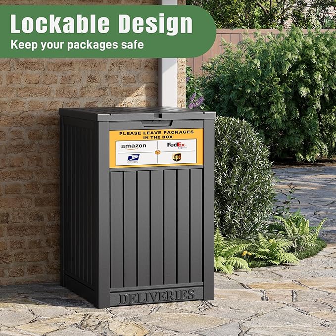 Outdoor Package Delivery Box with Lockable Secure and Sign, Resin Waterproof Outdoor Package Drop Container for Backyard, Garden, Patio & Lawn, Black with Sign