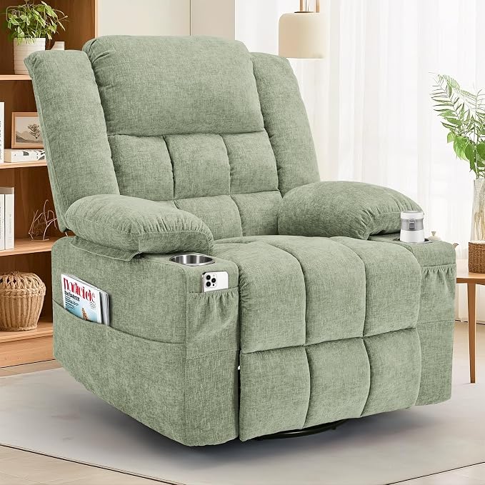 Korser Adult 360° Rotating Recliner with Massage and Heating Functions, Cup Holder and Manual Tilt Mechanism, Suitable for Living Room and Bedroom (Fabric, Turquoise)