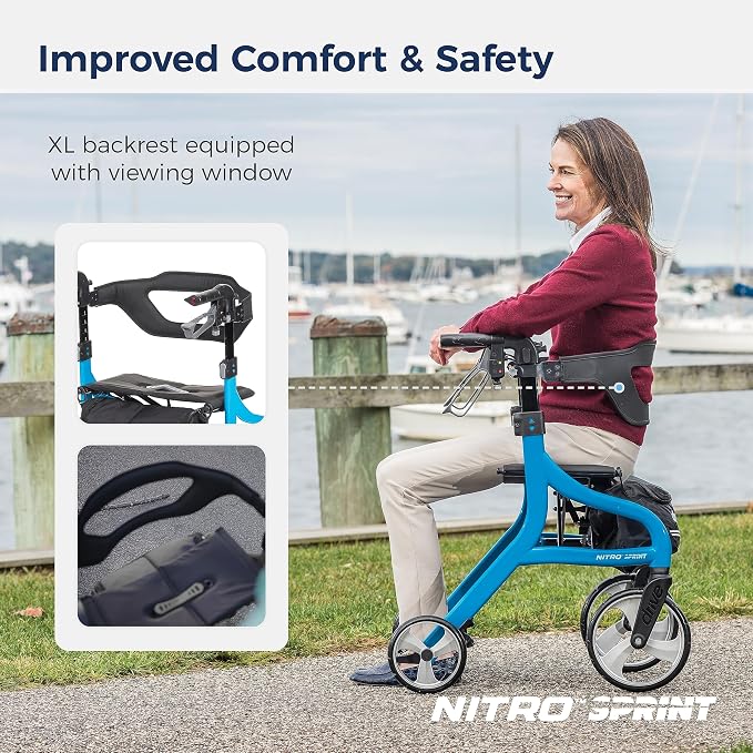 Drive Medical Nitro Sprint Rollator Walker with Seat, Tall Height, Blue | Lightweight Rollator with Large Wheels Offers Foldable, Four Wheel Support for Tall Users Every Single Day