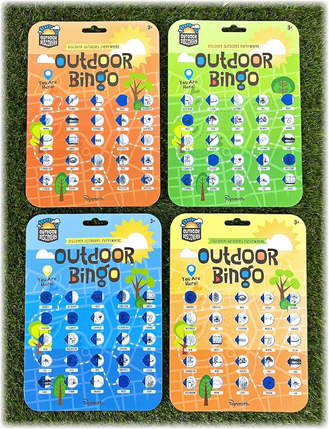 Matty's Toy Stop Toysmith Reusable Outdoor Bingo Cards (Yellow, Blue, Green & Orange) with Bonus Storage Bag - 4 Pack