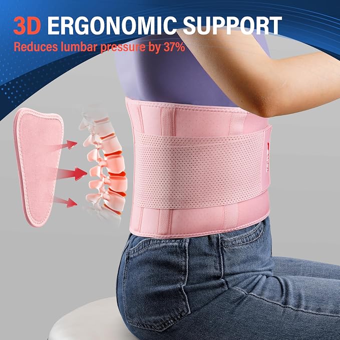 FEATOL Back Brace for Lower Back Pain, Breathable Back Support Belt for Women & Men with Lumbar Pad, Lumbar Support Belt for Heavy Lifting & Work, Pink, 4XL (Circumference:63-68")