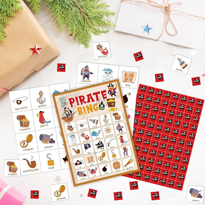 Pirate Party Bingo Card, Pirate Ship Adventures Bingo Game for Adults Family Friends, Pirate Party Favors Decorations, Pirate Bingo Kit for Birthday Party, Holiday Games for 24 Players -06