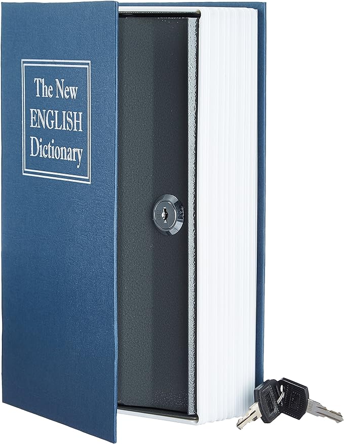 Amazon Basics Portable Diversion Book Safe, Secret Hidden Lock Box with Key Lock for Valuables, Hidden Storage Compartment Disguised as a Book, Large, Blue