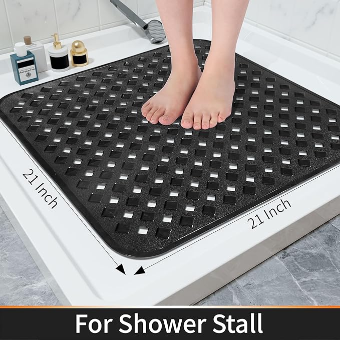 Yimobra Square Shower Mat Non Slip, Super Strong Suction Cups, 21"x21" Bath Tub Mat with Drain Holes, Machine Washable Fast Draining Bath Mats, Bathroom Essentials,Black