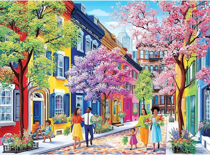 500 Piece Jigsaw Puzzle for Adults, Colorful Spring Street with Blossoms | Vibrant townhouses, blooming trees and cheerful family scenes for screen-free fun, game night, wall decor and senior gifts