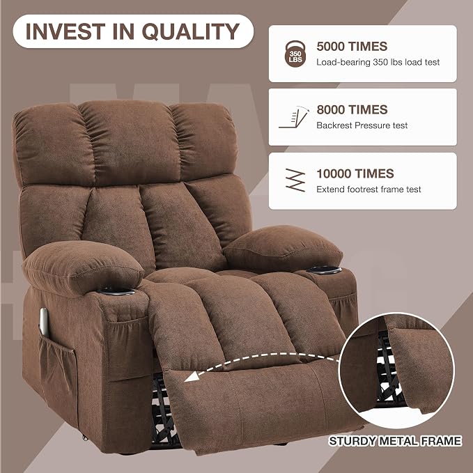 Oversized Massage Swivel Rocker Recliner Chair with Heat and Vibration Rocking Lounge Chair for Living Room Comfy Overstuffed Recliner with 4 Side Pockets,2 Cup Holders, USB Charge Port, Brown
