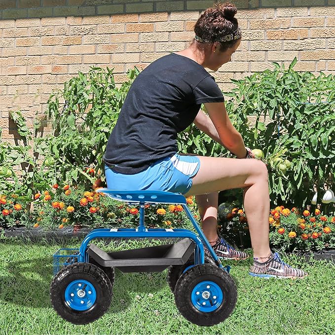 kinbor Rolling Garden Scooter Garden Cart with Tray, 360 Swivel Seat, Blue
