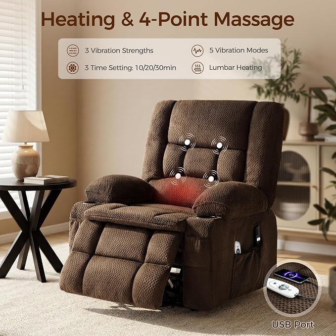 Power Lift Recliner Chair for Elderly, Electric Reclining Lift Chair with Massage and Heating, Comfy Overstuffed Recliner Single Sofa with Cup Holders, Pockets, USB Charge Port for Living Room, Brown