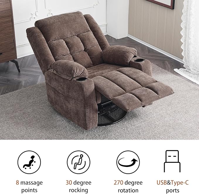 Ketaiyou Power Swivel Rocker Recliner Chair for Adults with Massage and Heat, USB and Type-C Ports, Infinite Position, Electric Glider Reclining Single Sofa Chair for Living Room (Coffee New)
