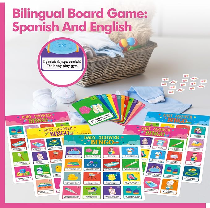 Gethelud Baby Shower Bingo Game, 50 Bilingual Spanish & English Bingo Cards for Gender Reveal Party, Baby Shower, Game Favors, Supplies, Decorations for Adults (50 Players)