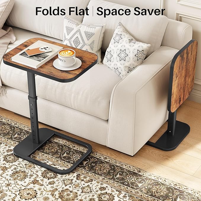 Kitstorack Upgraded TV Tray Table with Panel Lock, 90° Flip-Over Design & Adjustable Height, Sofa Arm Side Table for Eating, Laptop, Couch, Bed, or Small Spaces, Brown