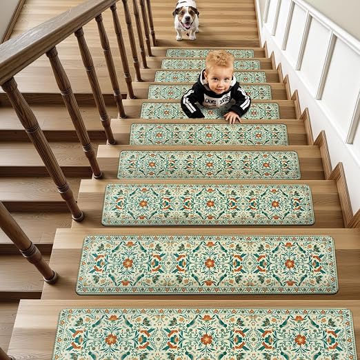 OJIA Non-Slip Stair Treads Stair Runner for Wooden Steps Indoor 15PC 30"x8" | Floral Carpet Stair Treads Stair Mats Staircase Step Treads for Kids, Elders and Dogs, Stair Covers, Beige