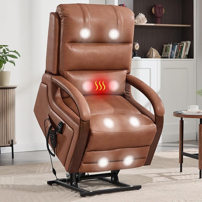 Power Lift Recliner Chair for Elderly People, Dual Motor Lift Chair with Vibration Massage and Heat, Lay Flat Recliner with Solid Wood Armrest, Standing Assistance Reclining, Faux Leather Yellow Brown
