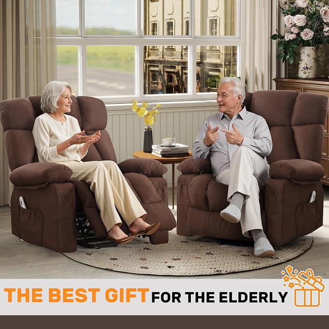 Oversized Power Lift Recliner Chair for Elderly, Big and Tall Lift Chair with Massage and Heat for Living Room, Fabric Electric Recliner Chairs with Side Pocket, USB Charge Port Brown