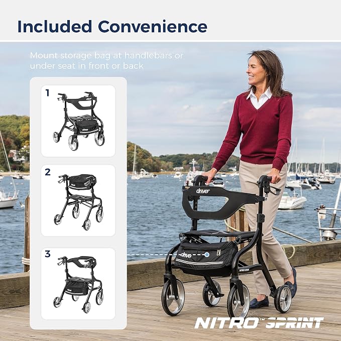 Drive Medical Nitro Sprint Rollator Walker with Seat, Petite Height, Black | Lightweight Rollator with Large Wheels Offers Short, Foldable Design for Seniors and Adults Every Day