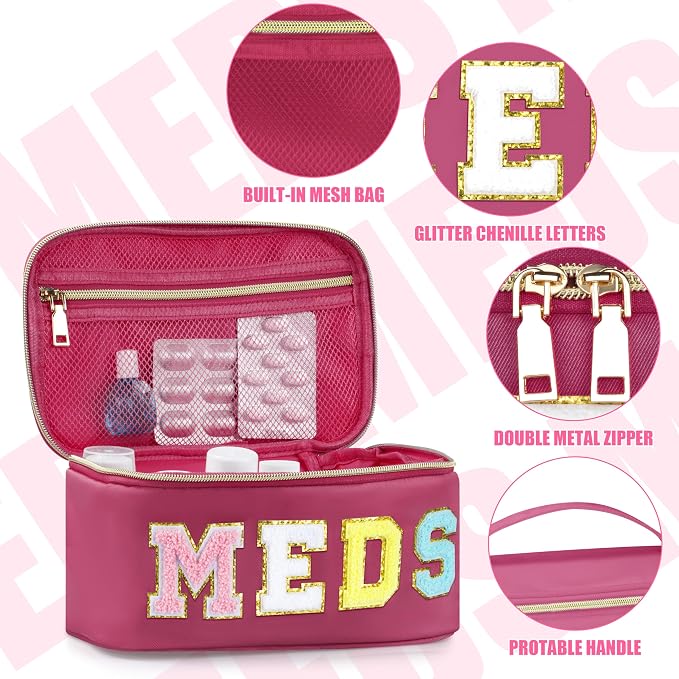 BuyCard Medicines Chenille Letter Bag Nylon Meds Makeup Pouch Preppy Path with Zipper and Handle Cosmetic Toiletry Storage Purse for Women Rose Red