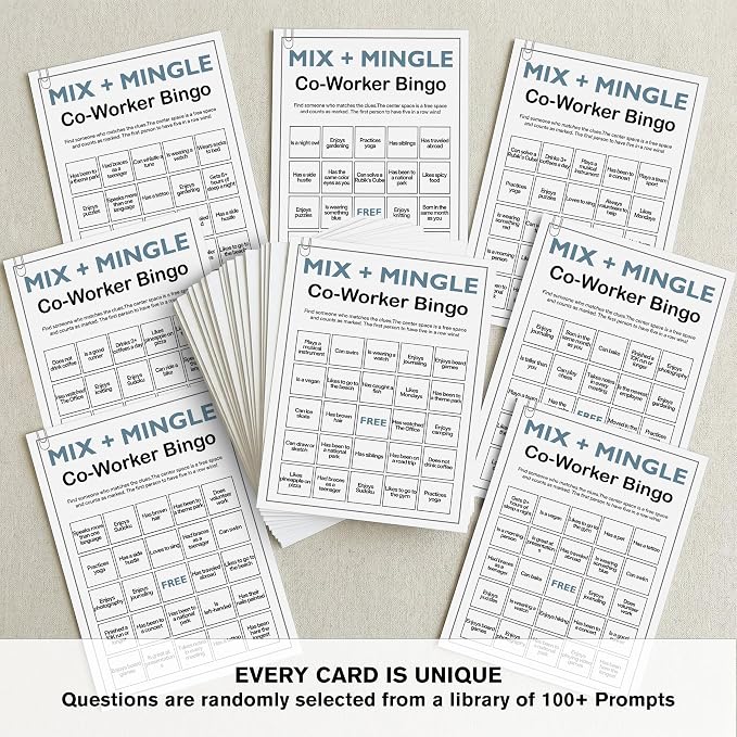 Office Bingo Cards, 25 Unique Randomized 5x7 Sheets, Get to Know You Bingo Game for Adults, Ice Breaker Office Party Games, Team Building Games for Work, High Replay Value - B002